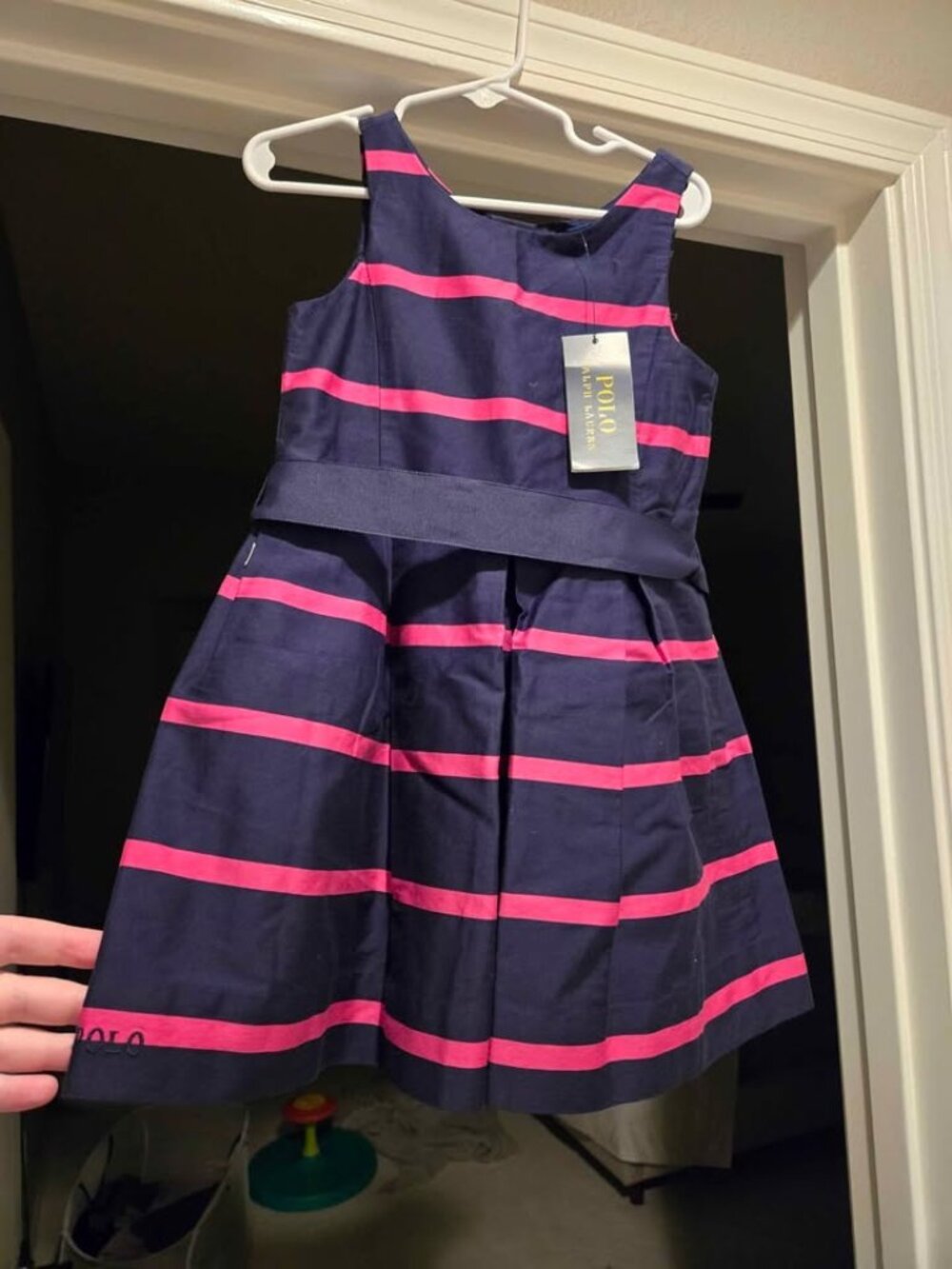 Ralph Lauren Girls 4T Stripped Navy/Pink Formal Bow Dress